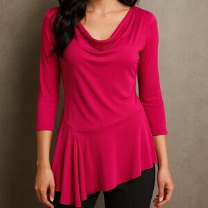 Vivian Wong Blouse Size M 3/4 sleeve hot pink draped neckline